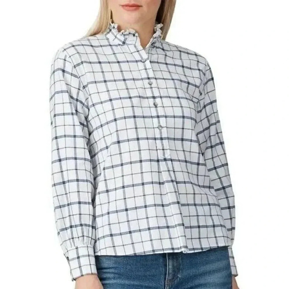 Lavie Rebecca Taylor Top Womens Size XS White Navy Windowpane 100% Cotton Slit - Picture 1 of 14